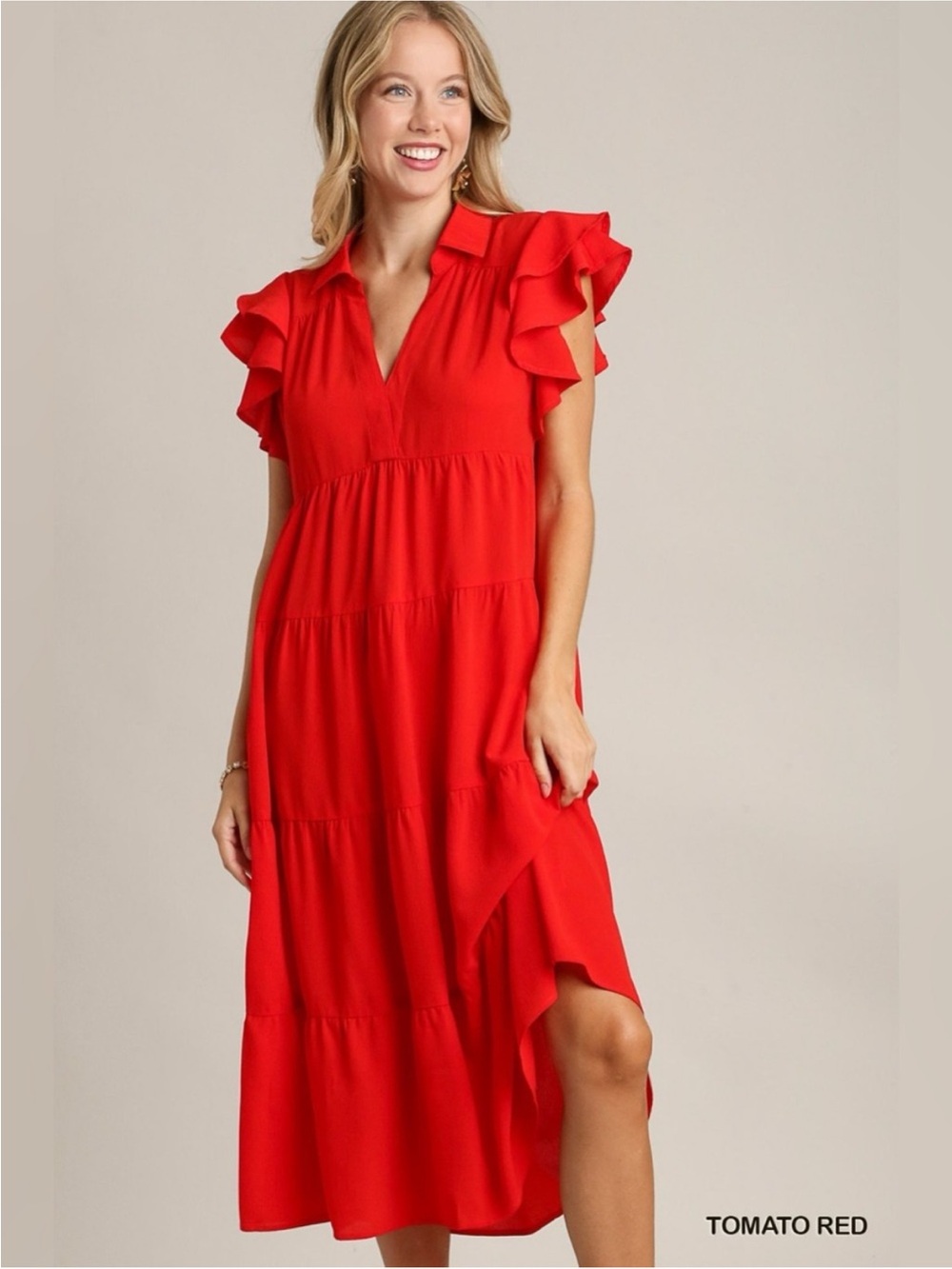 Tomato Red Ruffle Sleeve Midi Dress